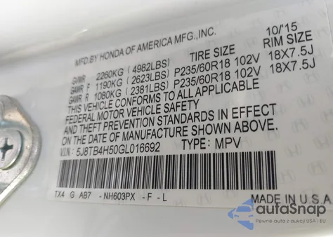 2016 Acura Rdx Technology Acurawatch Plus Packages/Technology Package from USA, damaged, VIN 5J8TB4H50GL016692